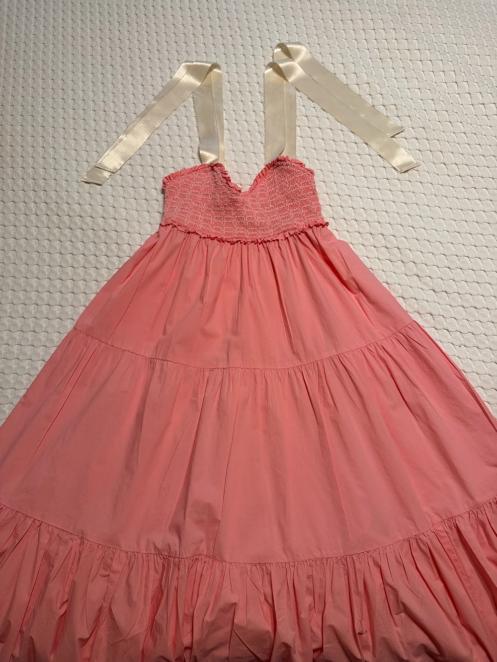 Lovelo Pink Smocked Tiered Midi Dress with Ribbon Straps - Picture 3 of 10
